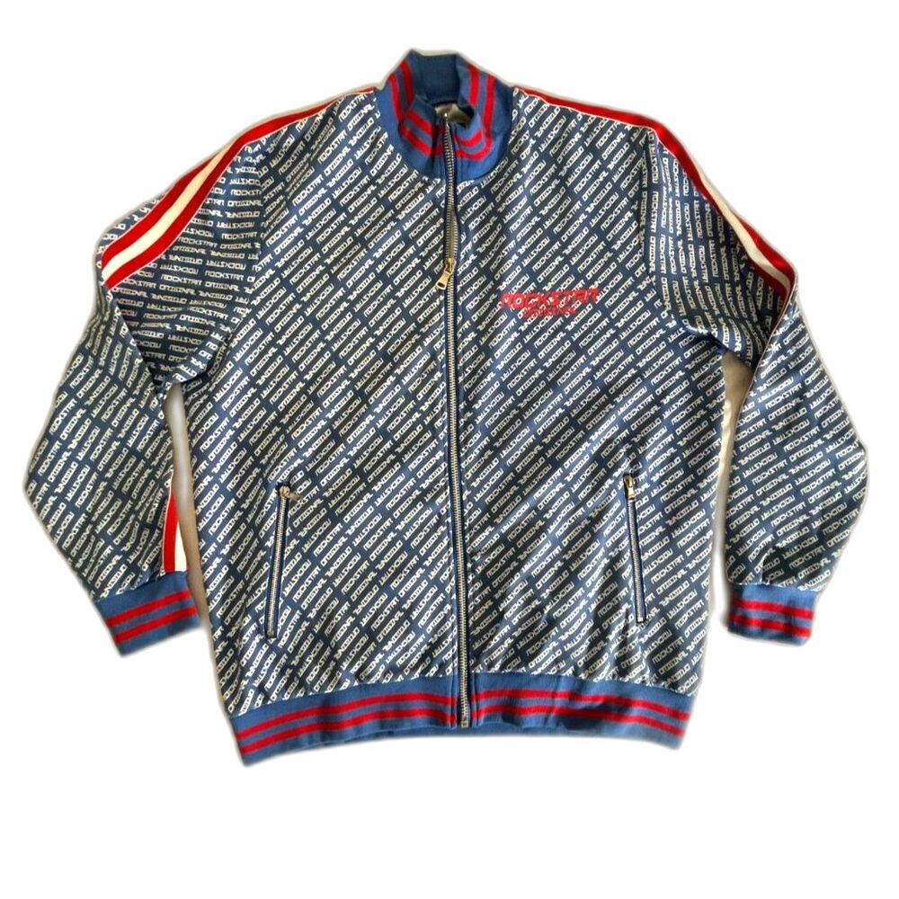 ROCKSTAR Original Mens Track Suit Jacket Zip Front White Blue Logo All Over 2XL